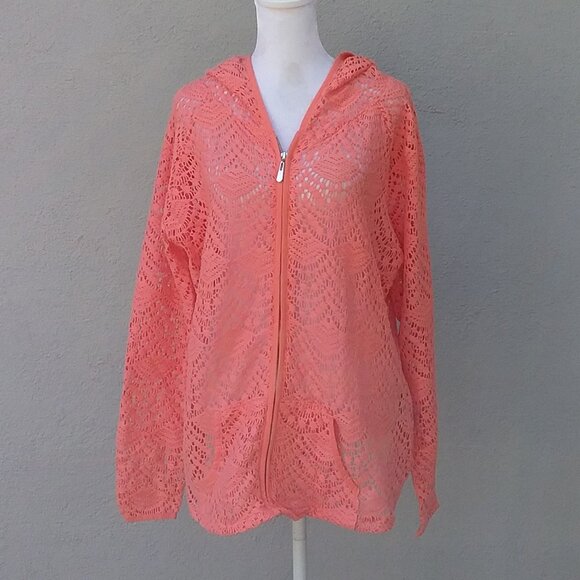 Charlie Paige Womens Jacket Size L-XL Open Weave Melon-Peach Hooded Zipper - Picture 1 of 4